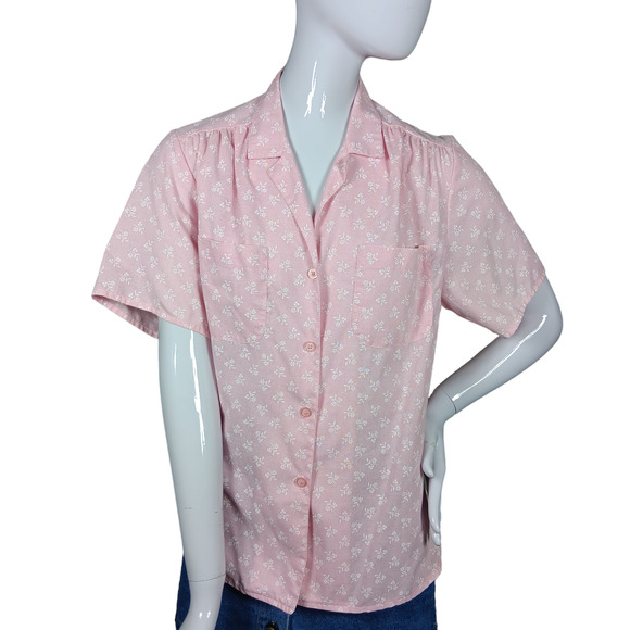 Vintage Graffsport Button Down Blouse Size Medium Pink Ditsy Floral Print Collar - Picture 1 of 7